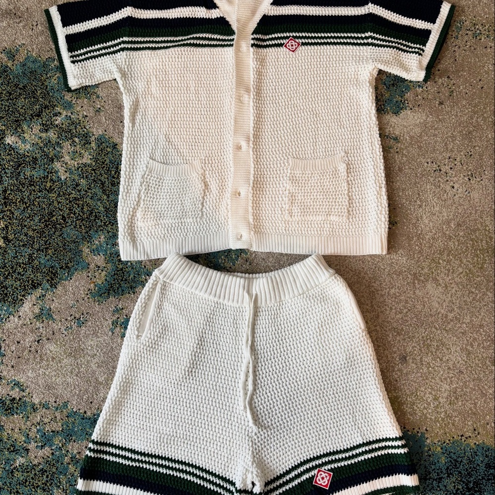 White and Black Knit Men's Shorts Set